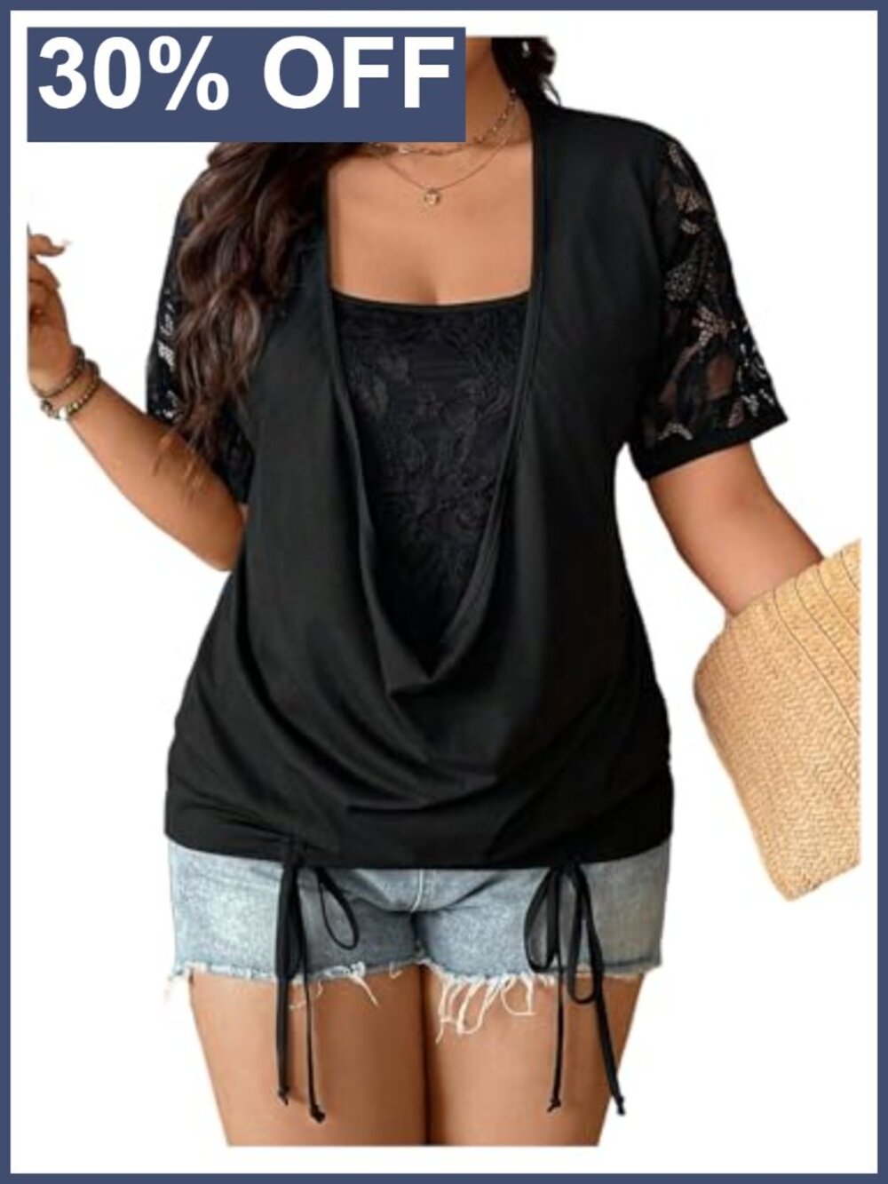 Women's Plus Size Lace T Shirt Draped Cowl Neck Short Sleeve Drawstring Tee